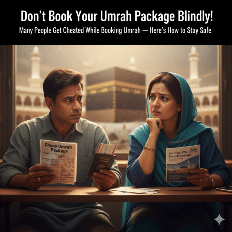 Donโt book your Umrah package blindly โ pilgrims comparing fake vs verified Umrah operators at travel agency desk