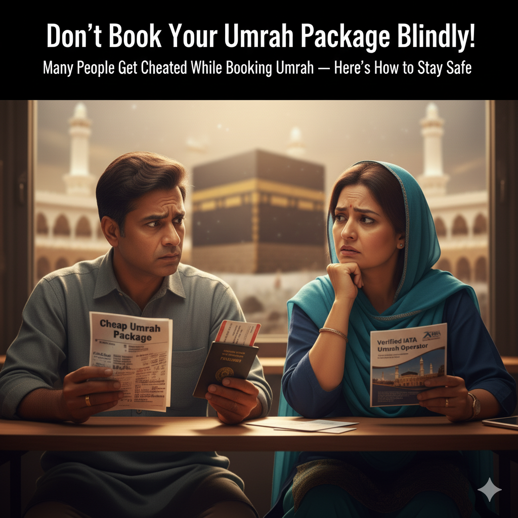 Don’t book your Umrah package blindly – pilgrims comparing fake vs verified Umrah operators at travel agency desk